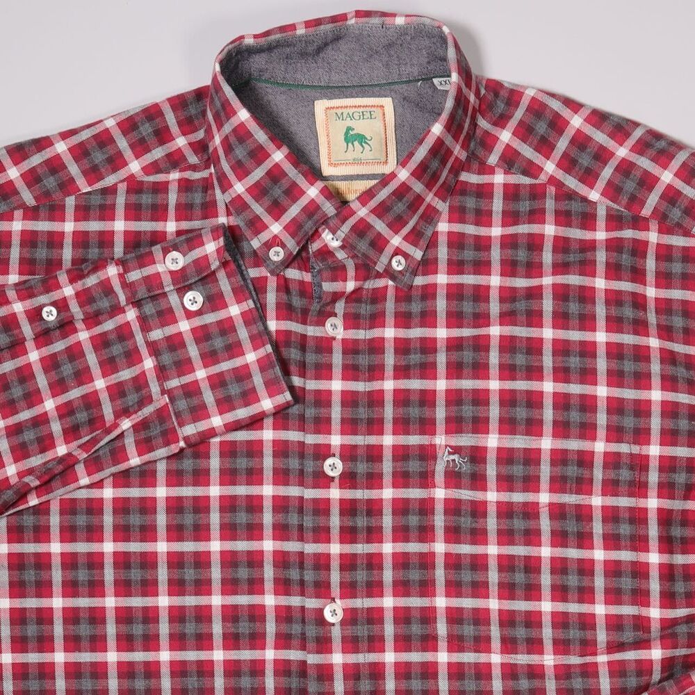 Magee Tailored Fit Brushed Cotton Shirt Red Plaid Made in Portugal Mens XXL 2XL